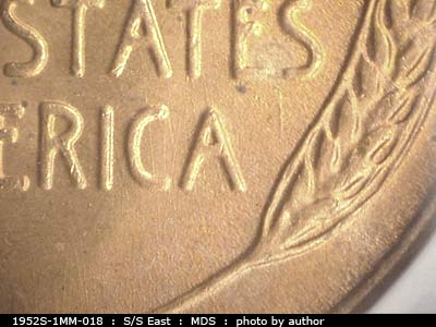 Die-stage B marker on 1952S•1MM•018 (1952 Repunched Mint Mark).