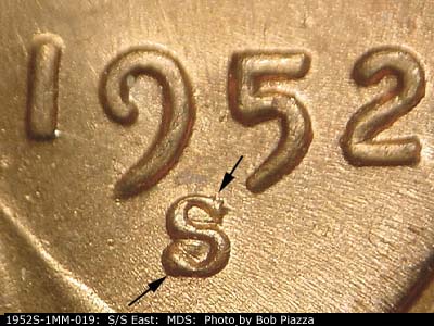 1952 Lincoln cent obverse, CopperCoins die 1952S•1MM•019.