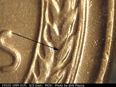 Die-stage B marker on 1952S•1MM•019 (1952 Repunched Mint Mark).
