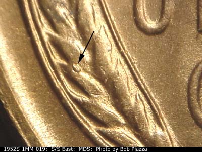Die-stage B marker on 1952S•1MM•019 (1952 Repunched Mint Mark).