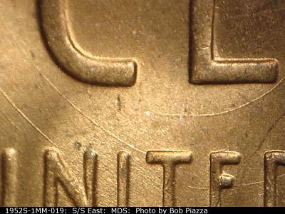 Die-stage B marker on 1952S•1MM•019 (1952 Repunched Mint Mark).