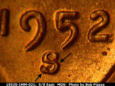 1952 Lincoln cent obverse, CopperCoins die 1952S•1MM•021.