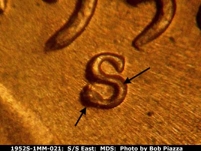 Die-stage B marker on 1952S•1MM•021 (1952 Repunched Mint Mark).