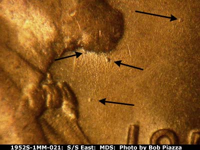Die-stage B marker on 1952S•1MM•021 (1952 Repunched Mint Mark).