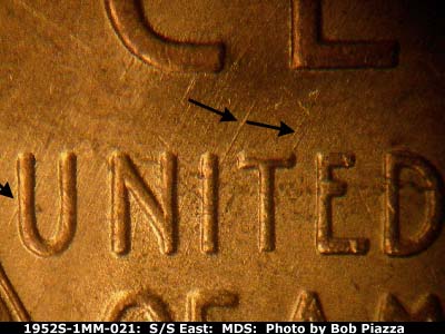 Die-stage B marker on 1952S•1MM•021 (1952 Repunched Mint Mark).