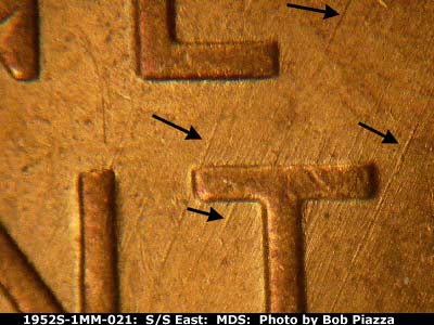 Die-stage B marker on 1952S•1MM•021 (1952 Repunched Mint Mark).