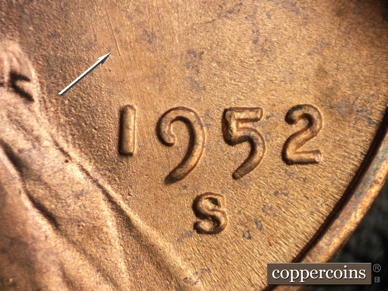 Die-stage B marker on 1952S•1MM•025 (1952 Repunched Mint Mark).