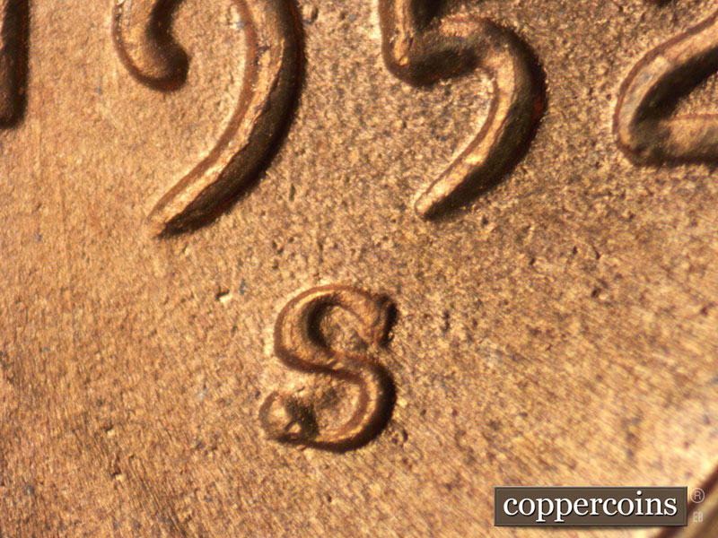 1952 Lincoln cent obverse, CopperCoins die 1952S•1MM•026.