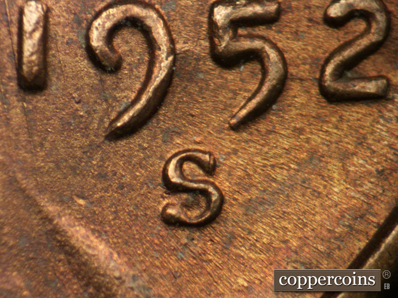 1952 Lincoln cent obverse, CopperCoins die 1952S•1MM•027.