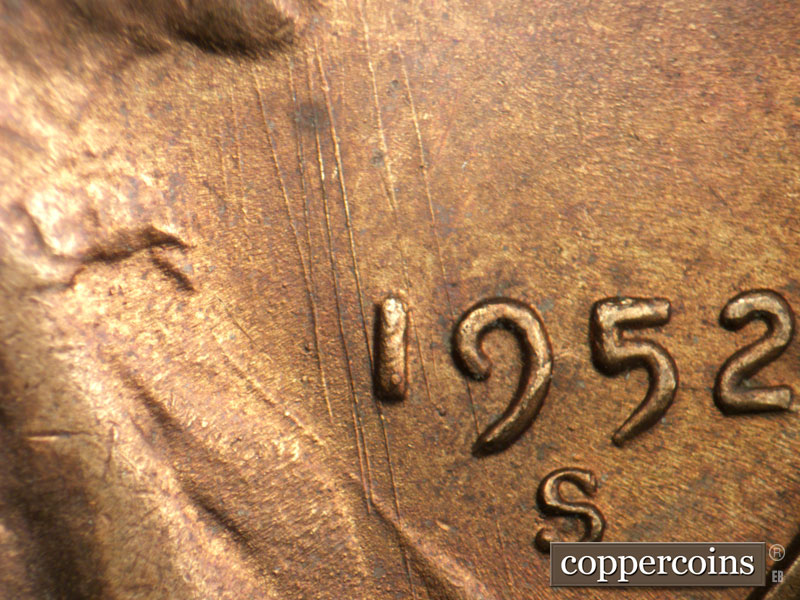 Die-stage B marker on 1952S•1MM•027 (1952 Repunched Mint Mark).