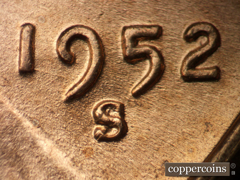 1952 Lincoln cent obverse, CopperCoins die 1952S•1MM•028.