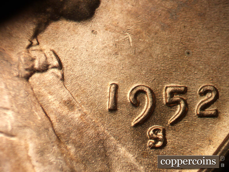 Die-stage B marker on 1952S•1MM•028 (1952 Repunched Mint Mark).