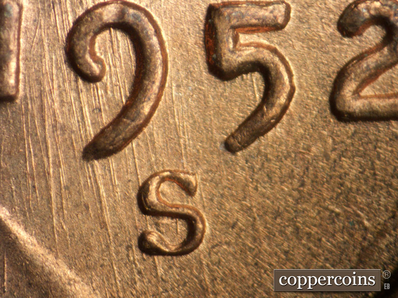 1952 Lincoln cent obverse, CopperCoins die 1952S•1MM•029.