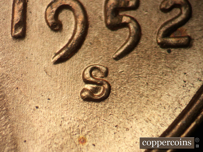 1952 Lincoln cent obverse, CopperCoins die 1952S•1MM•030.