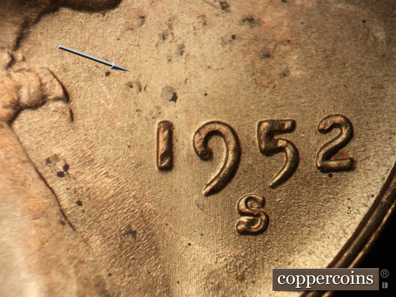 Die-stage B marker on 1952S•1MM•030 (1952 Repunched Mint Mark).