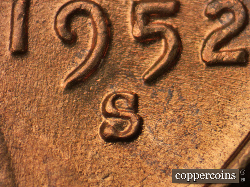 1952 Lincoln cent obverse, CopperCoins die 1952S•1MM•031.