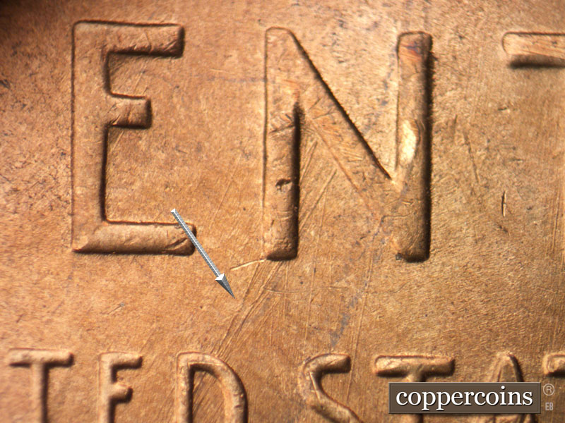 Die-stage B marker on 1952S•1MM•031 (1952 Repunched Mint Mark).