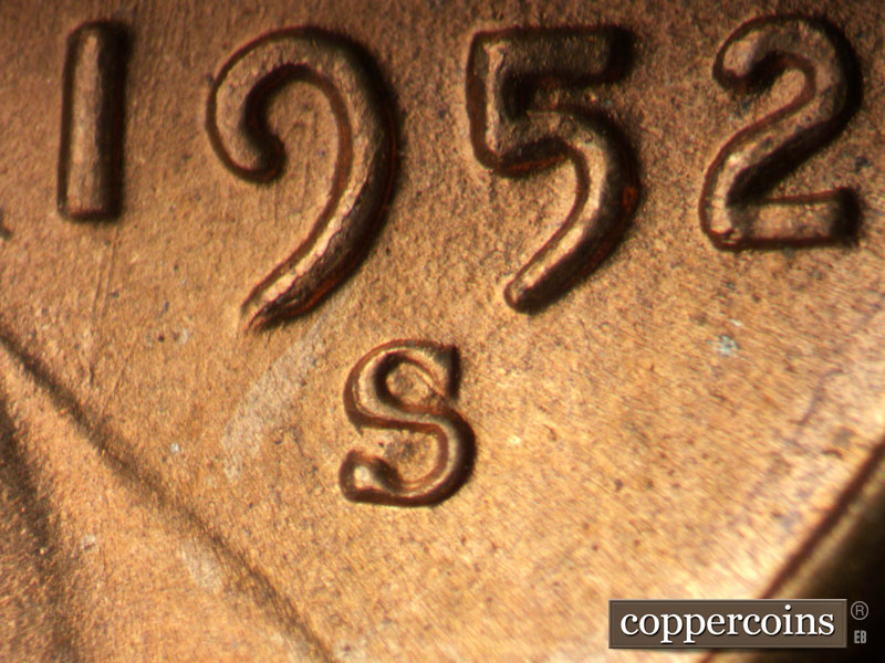 1952 Lincoln cent obverse, CopperCoins die 1952S•1MM•032.