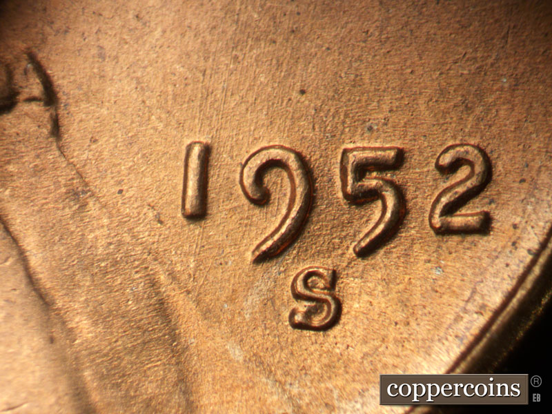 Die-stage B marker on 1952S•1MM•032 (1952 Repunched Mint Mark).
