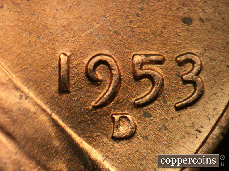 Die-stage B marker on 1953D•1DO•001 (1953 Doubled Die Obverse).