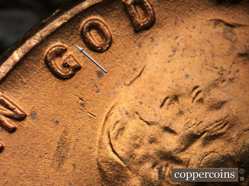 Die-stage B marker on 1953D•1DO•001 (1953 Doubled Die Obverse).