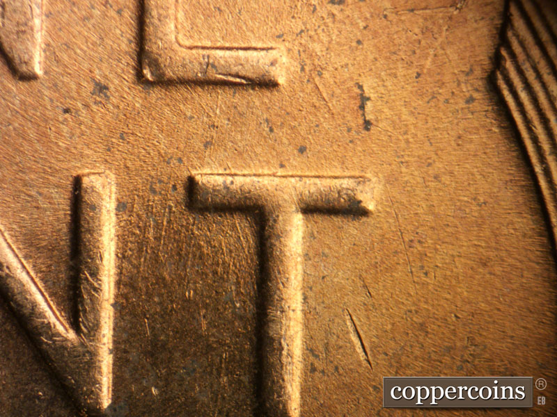 Die-stage B marker on 1953D•1DO•001 (1953 Doubled Die Obverse).
