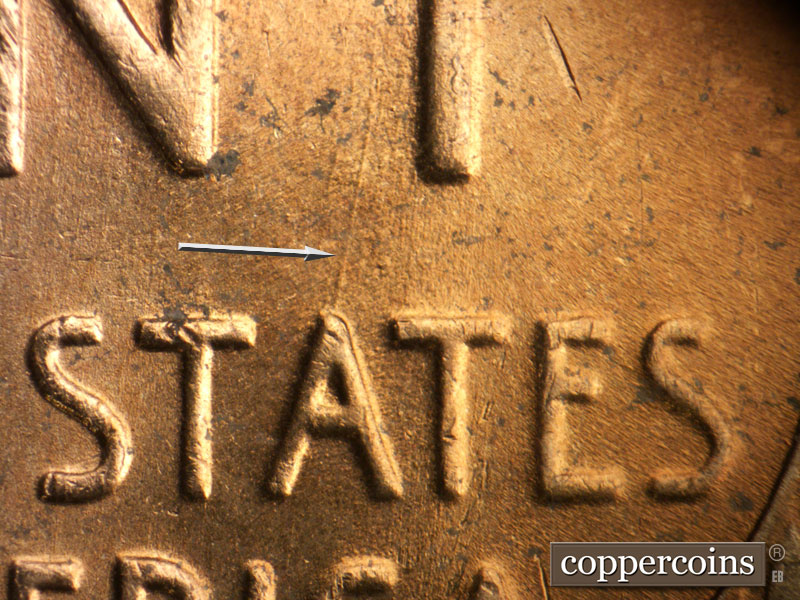 Die-stage B marker on 1953D•1DO•001 (1953 Doubled Die Obverse).