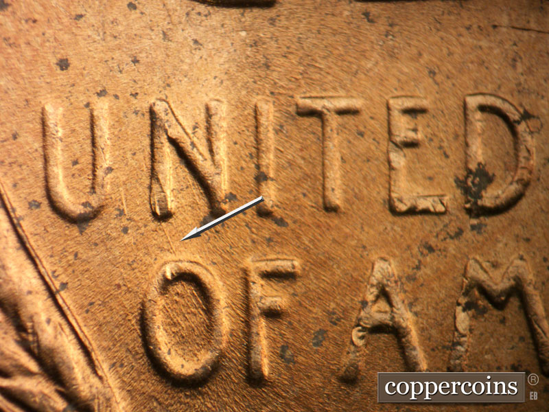 Die-stage B marker on 1953D•1DO•001 (1953 Doubled Die Obverse).