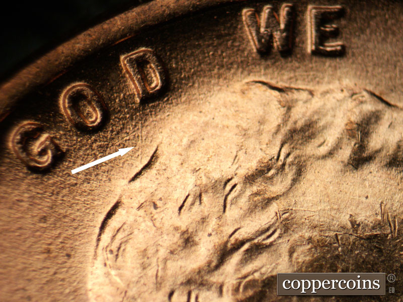 Die-stage B marker on 1953D•1DO•002 (1953 Doubled Die Obverse).