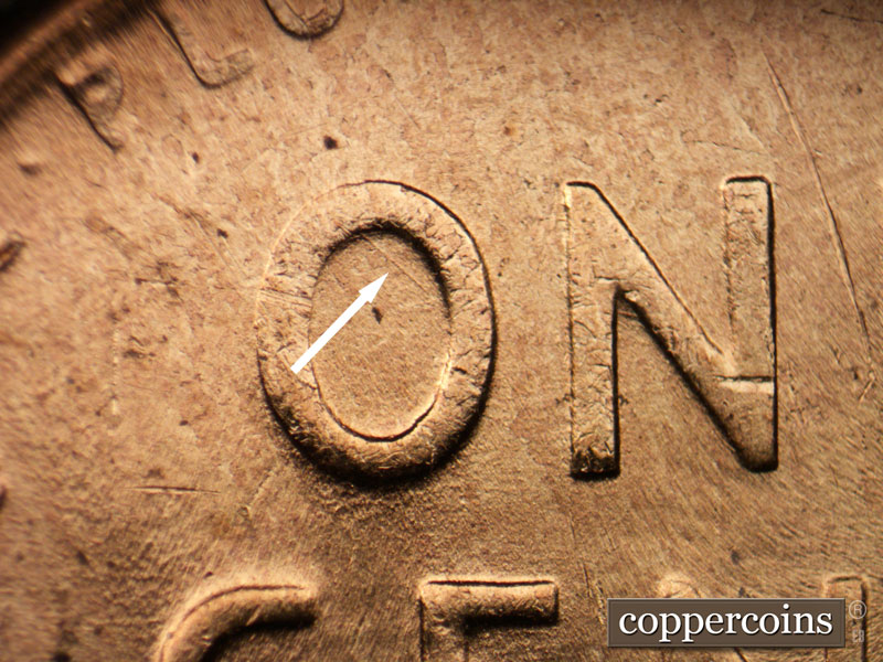 Die-stage B marker on 1953D•1DO•002 (1953 Doubled Die Obverse).
