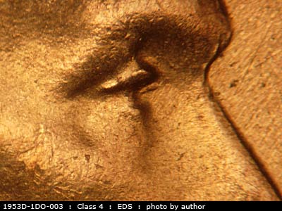 Die-stage A marker on 1953D•1DO•003 (1953 Doubled Die Obverse).