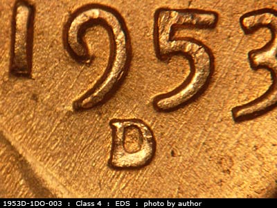 Die-stage A marker on 1953D•1DO•003 (1953 Doubled Die Obverse).