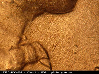 Die-stage A marker on 1953D•1DO•003 (1953 Doubled Die Obverse).