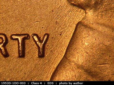 Die-stage A marker on 1953D•1DO•003 (1953 Doubled Die Obverse).