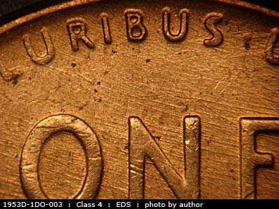 Die-stage A marker on 1953D•1DO•003 (1953 Doubled Die Obverse).