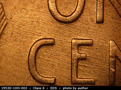 Die-stage A marker on 1953D•1DO•003 (1953 Doubled Die Obverse).
