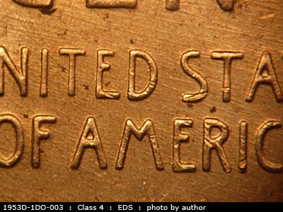 Die-stage A marker on 1953D•1DO•003 (1953 Doubled Die Obverse).