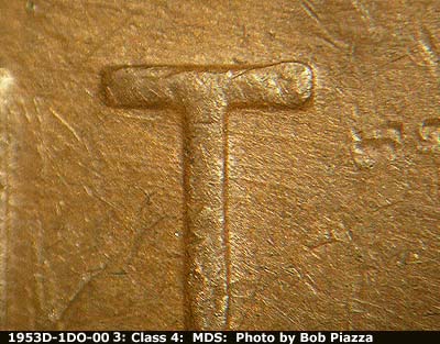 Die-stage B marker on 1953D•1DO•003 (1953 Doubled Die Obverse).