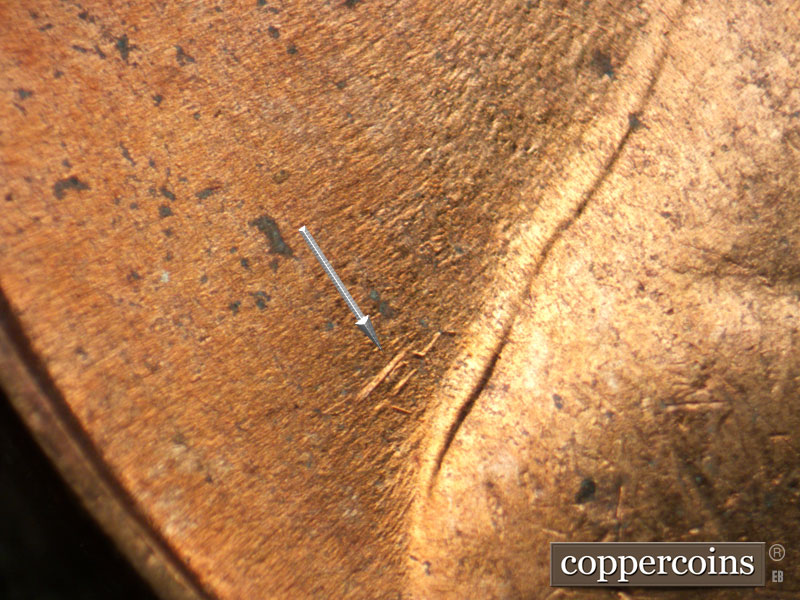 Die-stage B marker on 1953D•1DO•004 (1953 Doubled Die Obverse).