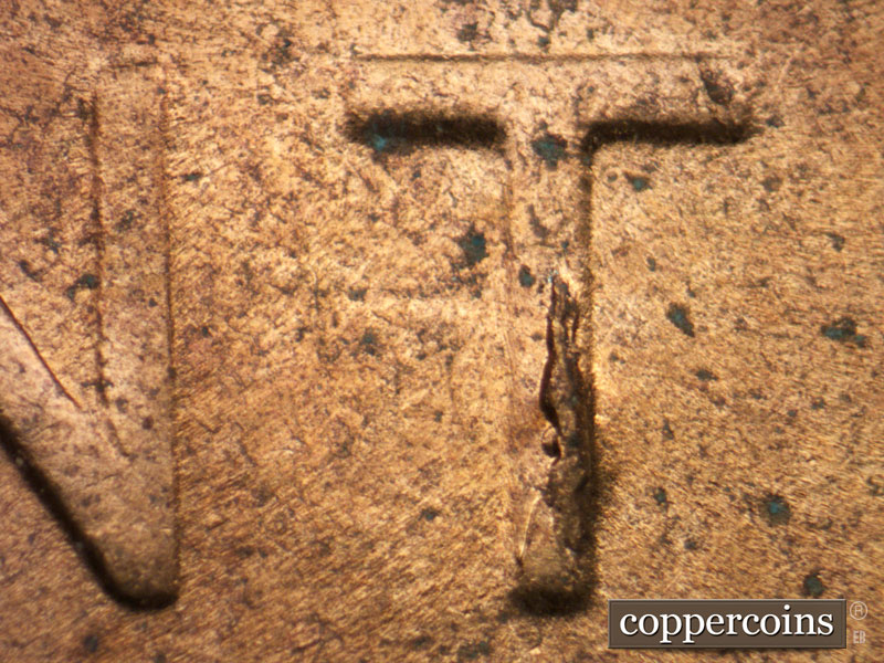 Die-stage B marker on 1953D•1DO•004 (1953 Doubled Die Obverse).