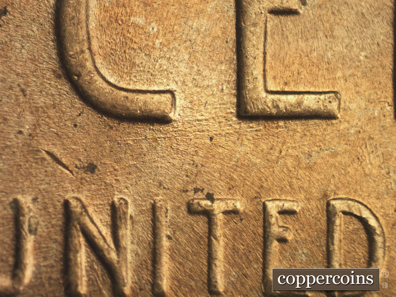 Die-stage B marker on 1953D•1DO•005 (1953 Doubled Die Obverse).
