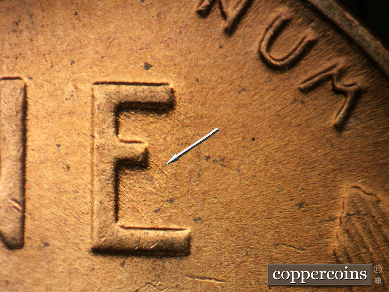 Die-stage B marker on 1953D•1DO•006 (1953 Doubled Die Obverse).
