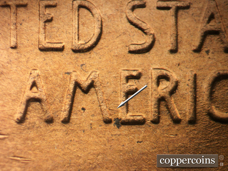 Die-stage B marker on 1953D•1DO•006 (1953 Doubled Die Obverse).