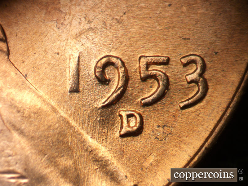 Die-stage B marker on 1953D•1DO•007 (1953 Doubled Die Obverse).