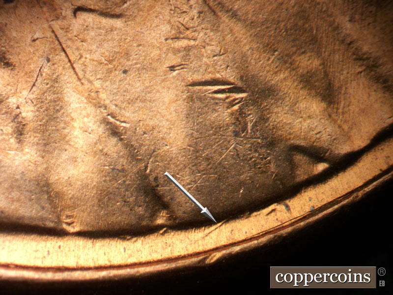 Die-stage B marker on 1953D•1DO•007 (1953 Doubled Die Obverse).