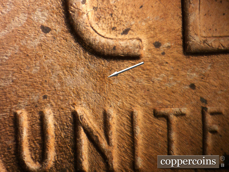 Die-stage B marker on 1953D•1DO•007 (1953 Doubled Die Obverse).