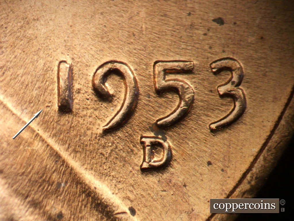 Die-stage B marker on 1953D•1DO•008 showing Die dot by 1 in date.
