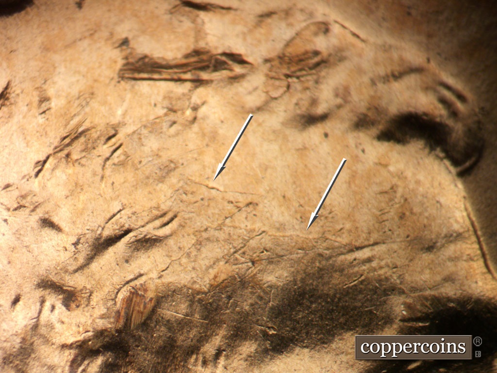 Die-stage B marker on 1953D•1DO•008 showing Die cracks on forehead.