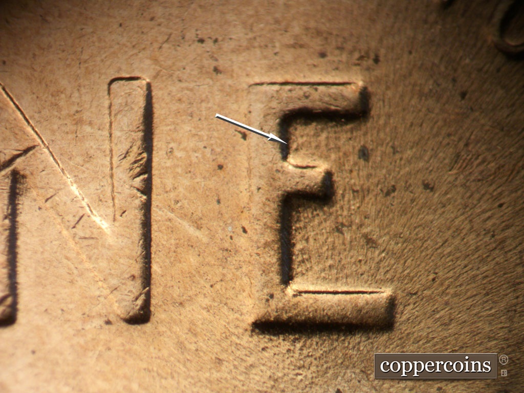 Die-stage B marker on 1953D•1DO•008 showing Die dot in upper E in ONE.