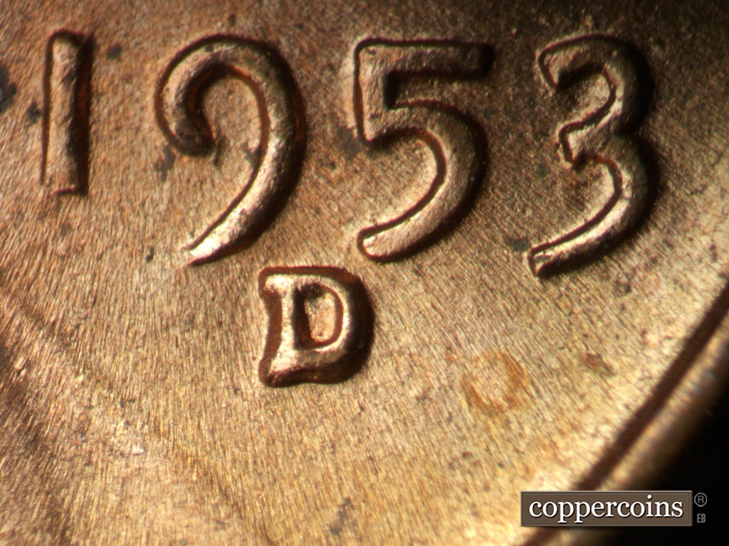 Die-stage B marker on 1953D•1DO•009 showing Closeup of repunched mint mark.